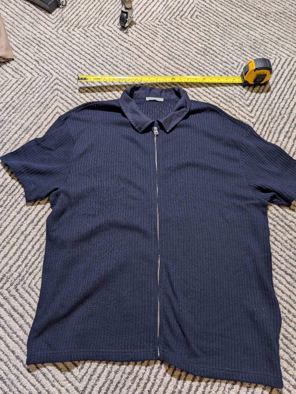 Zara Men's Navy Zip-Front Open Weave Short-Sleeve Summer Sweater